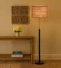 Devansh Beige cotton Drum shade with   floor lamp with wood base .-