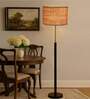 Devansh Beige cotton Drum shade with   floor lamp with wood base .-