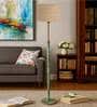 Devansh Beige cotton Drum shade with   floor lamp with wood base .-