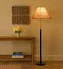 Devansh Beige cotton Drum shade with   floor lamp with wood base .-
