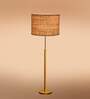 Devansh Beige cotton Drum shade with   floor lamp with wood base .-