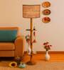 Devansh Beige cotton Drum shade with   floor lamp with wood base