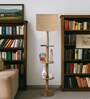 Devansh Beige cotton Drum shade with   floor lamp with wood base