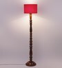 Red Cotton Shade Club Floor Lamp With Wood Base