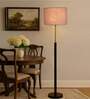 Devansh Grey cotton Drum shade with   floor lamp with wood base .-