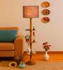 Devansh Grey cotton Drum shade with   floor lamp with wood base
