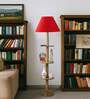 Devansh Red cotton Drum shade with   floor lamp with wood base .-