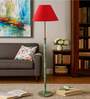 Devansh Red cotton Drum shade with   floor lamp with wood base .-