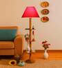 Devansh Red cotton Drum shade with   floor lamp with wood base .-