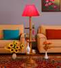 Devansh Red cotton Drum shade with   floor lamp with wood base .-