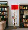 Devansh Red cotton Drum shade with   floor lamp with wood base