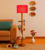 Devansh Red cotton Drum shade with   floor lamp with wood base
