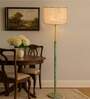 Devansh White cotton Drum shade with   floor lamp with wood base .-