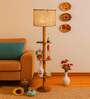 Devansh White cotton Drum shade with   floor lamp with wood base
