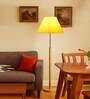 Devansh Yellow cotton Drum shade with   floor lamp with wood base .-