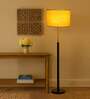 Devansh Yellow cotton Drum shade with   floor lamp with wood base .-