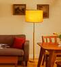 Devansh Yellow cotton Drum shade with   floor lamp with wood base .-