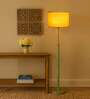 Devansh Yellow cotton Drum shade with   floor lamp with wood base .-