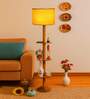 Devansh Yellow cotton Drum shade with   floor lamp with wood base
