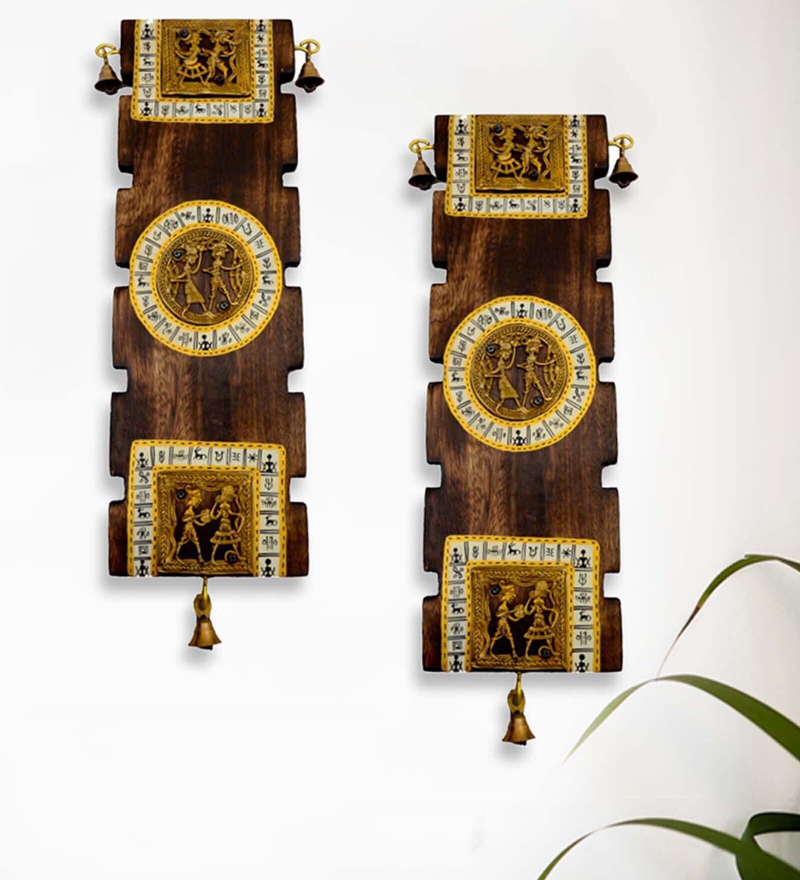 Dhokra & Warli Handpainted Wooden Wall Hanging Set
