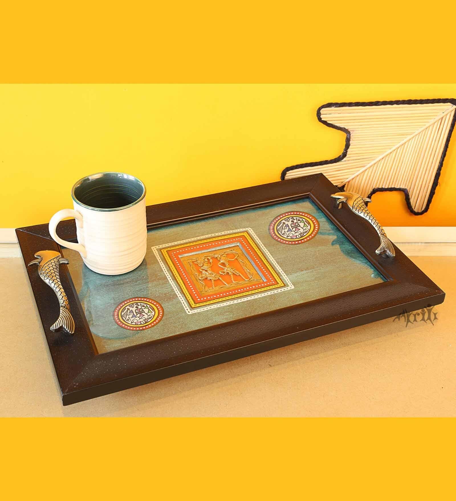 Dhokra Motif Multicolour Wood Serving Tray