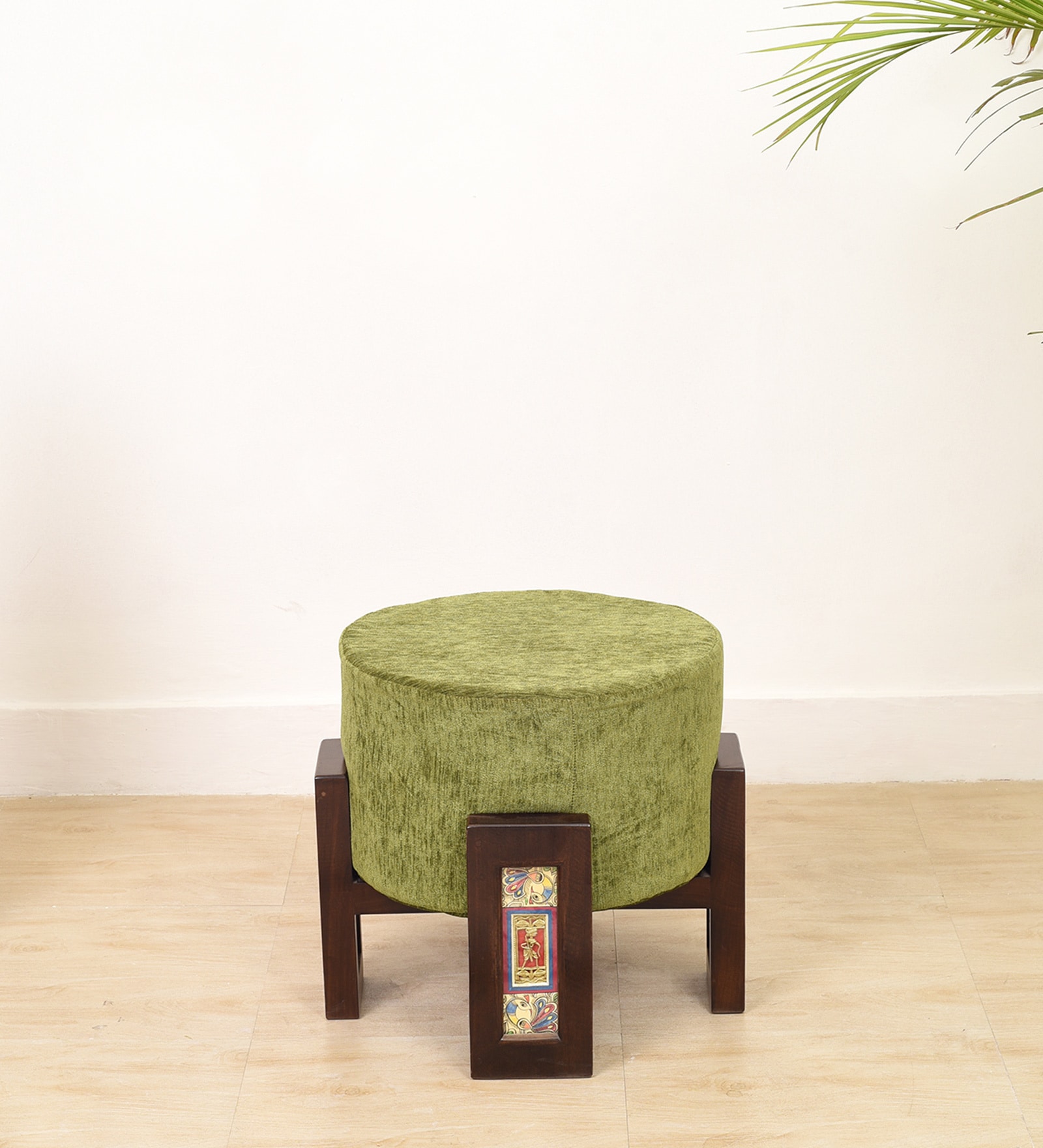 Dhokra Solid Wood Pouffe in Walnut Colour