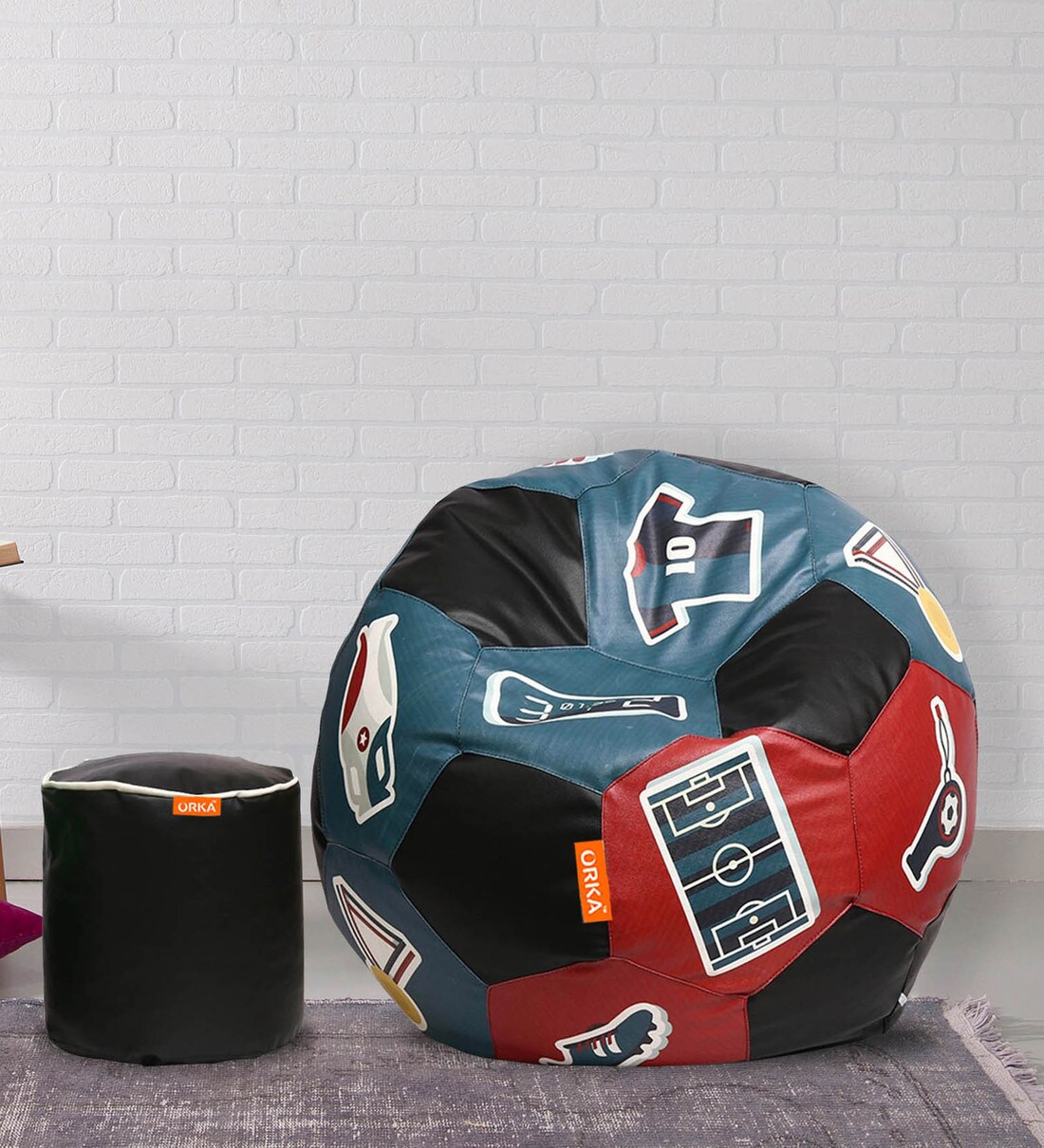 Buy Combo Digital Printed XXXL FootBall Bean Bag Cover & Round Pouffe
