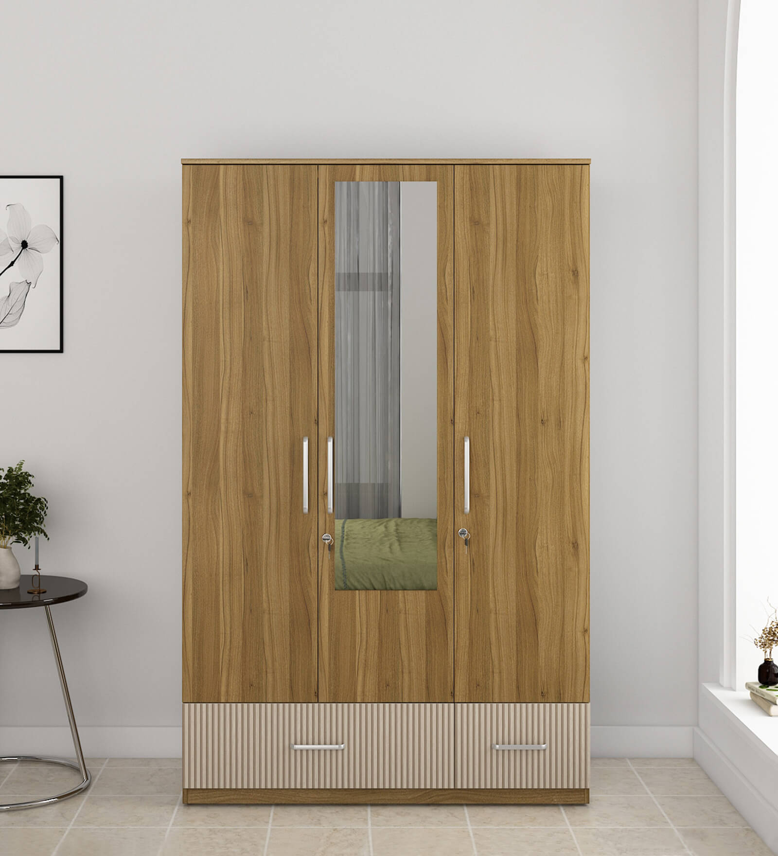 Diago 3 Door Wardrobe In Natural Teak Finish