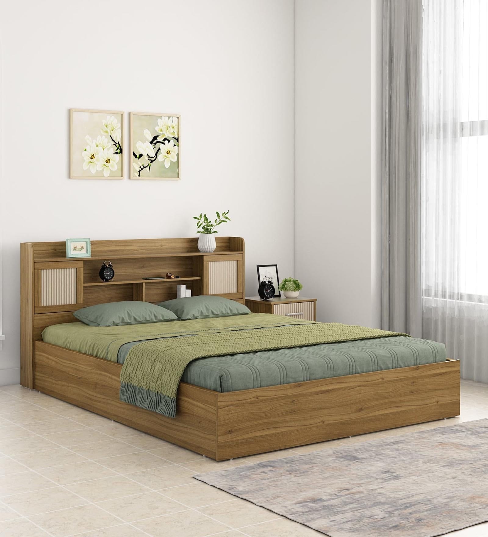 Diago King Size Bed In Natural Teak Finish With Box Storage