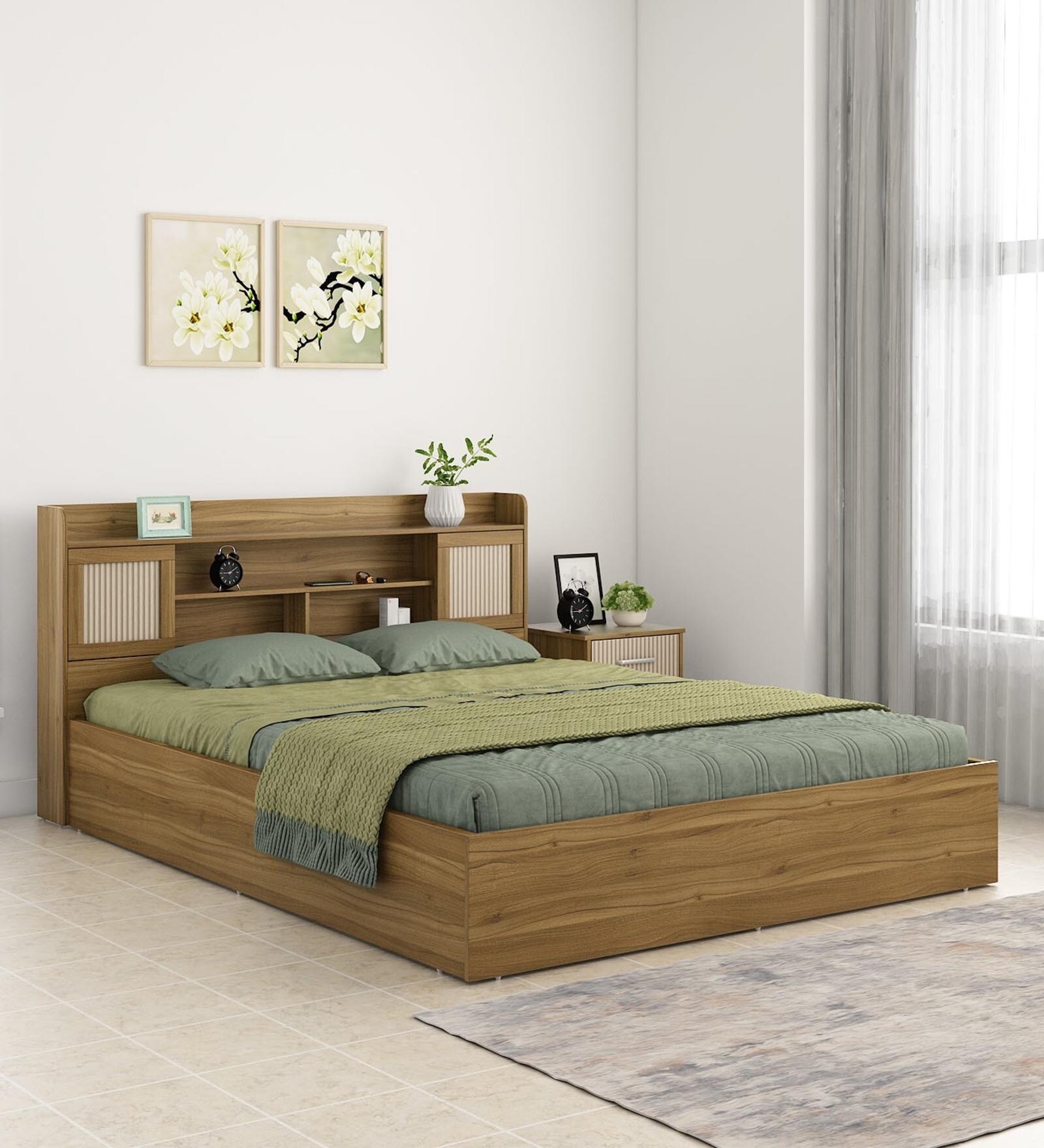 Diago King Size Bed In Natural Teak Finish With Hydraulic Storage