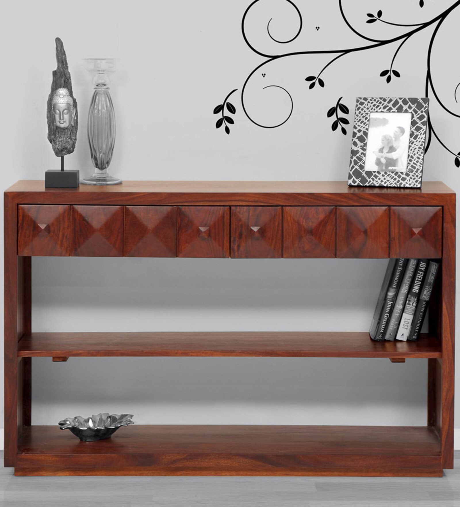 Diamond Sheesham Wood Console Table in Honey Natural Finish