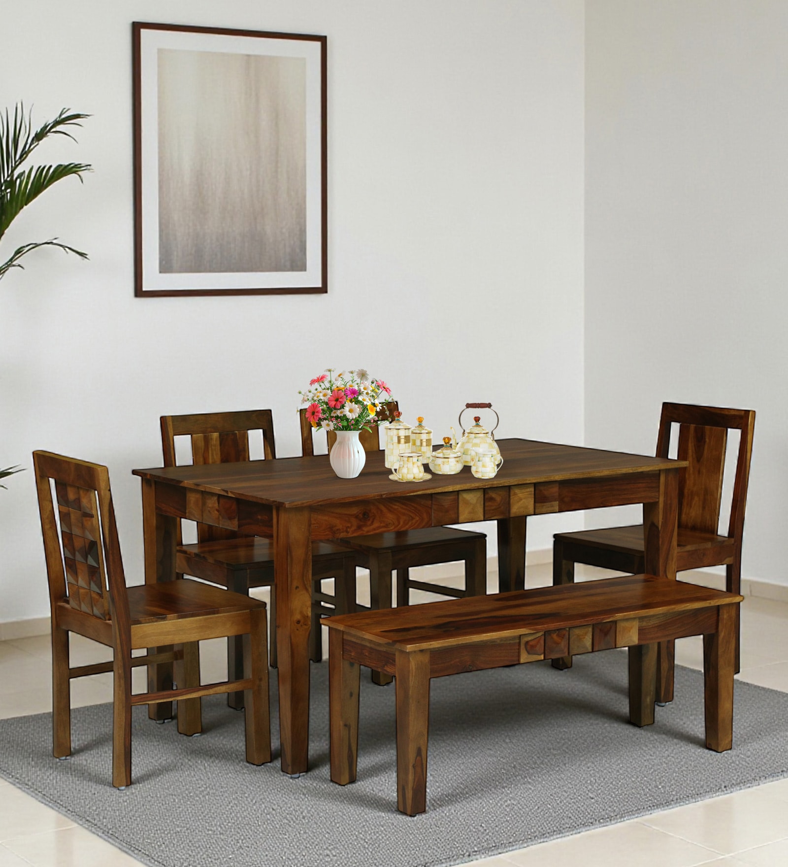 Diamond Sheesham Wood 6 Seater Dining Set With Bench  In Provincial Teak Finish