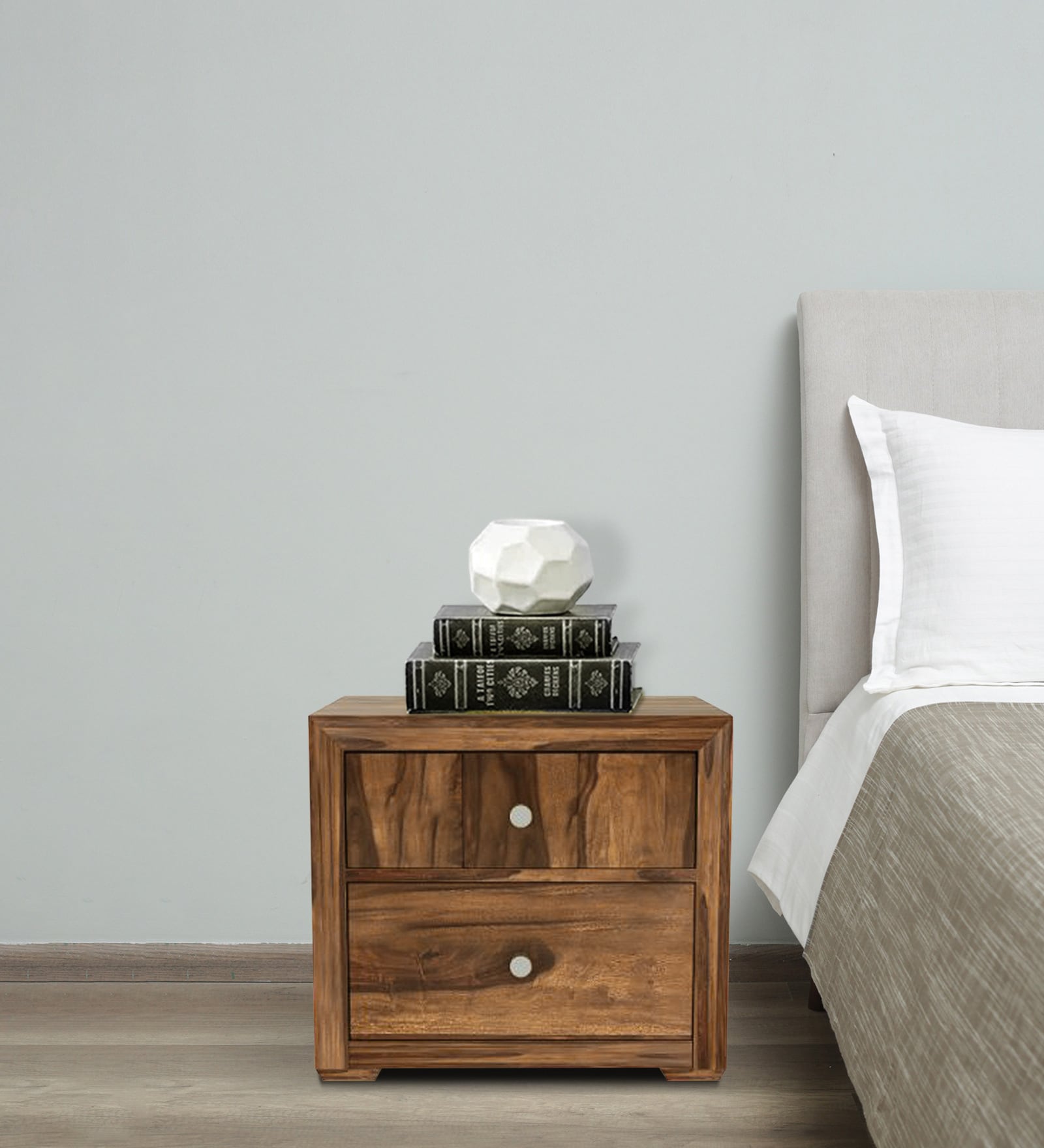 Diamond Sheesham Wood Bedside Table In Scratch Resistant Rustic Teak Finish With Drawers