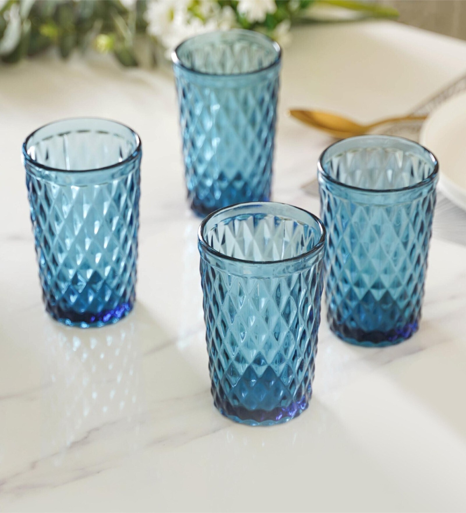 Diamond Textured 350ml Blue Crystal Glass (Set of 4) Everyday Glass