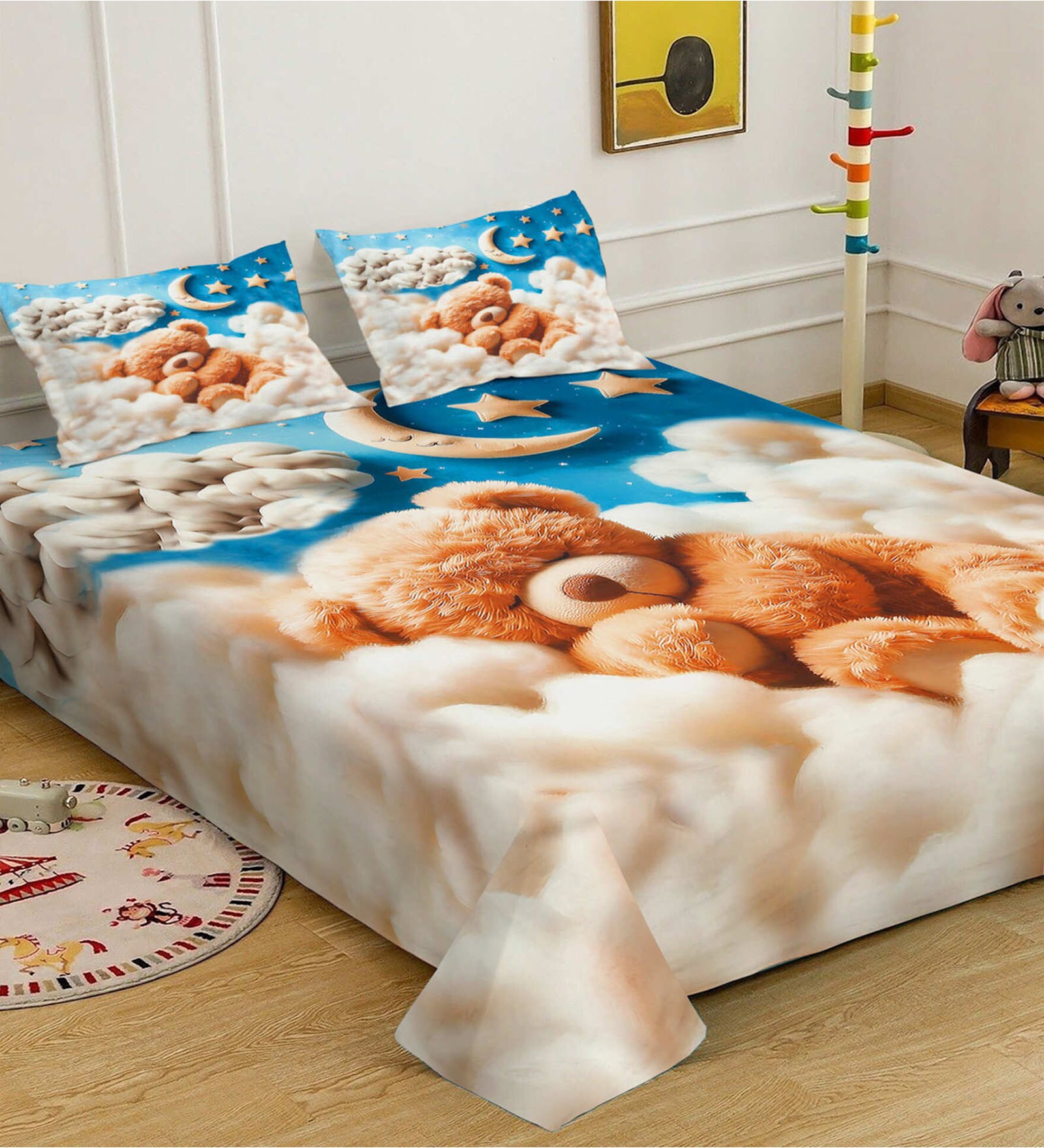 Digital Cartoon Characters Printed Cotton Blend Double Bedsheet with 2 Pillow Covers