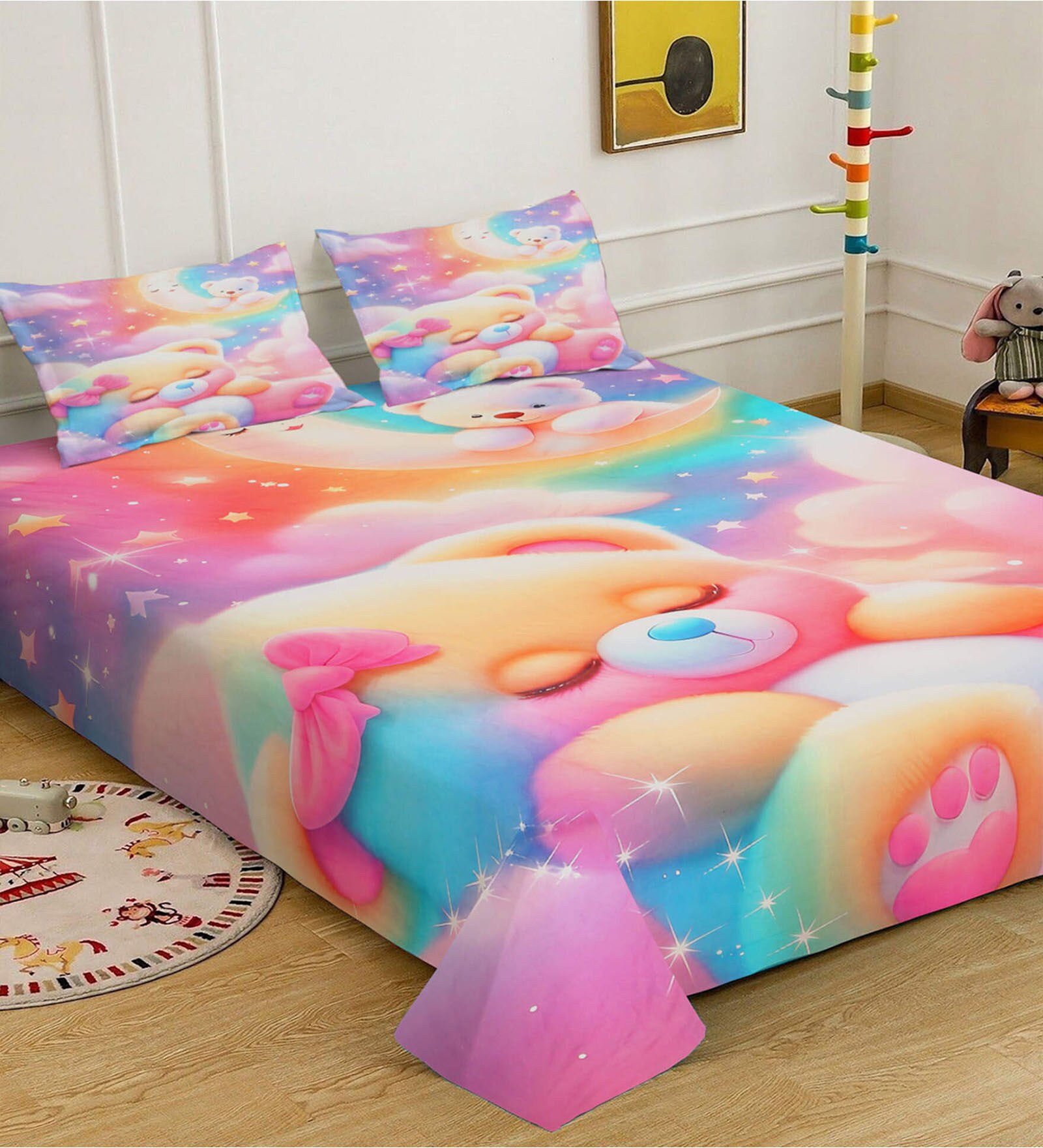 Digital Cartoon Characters Printed Cotton Blend Double Bedsheet with 2 Pillow Covers