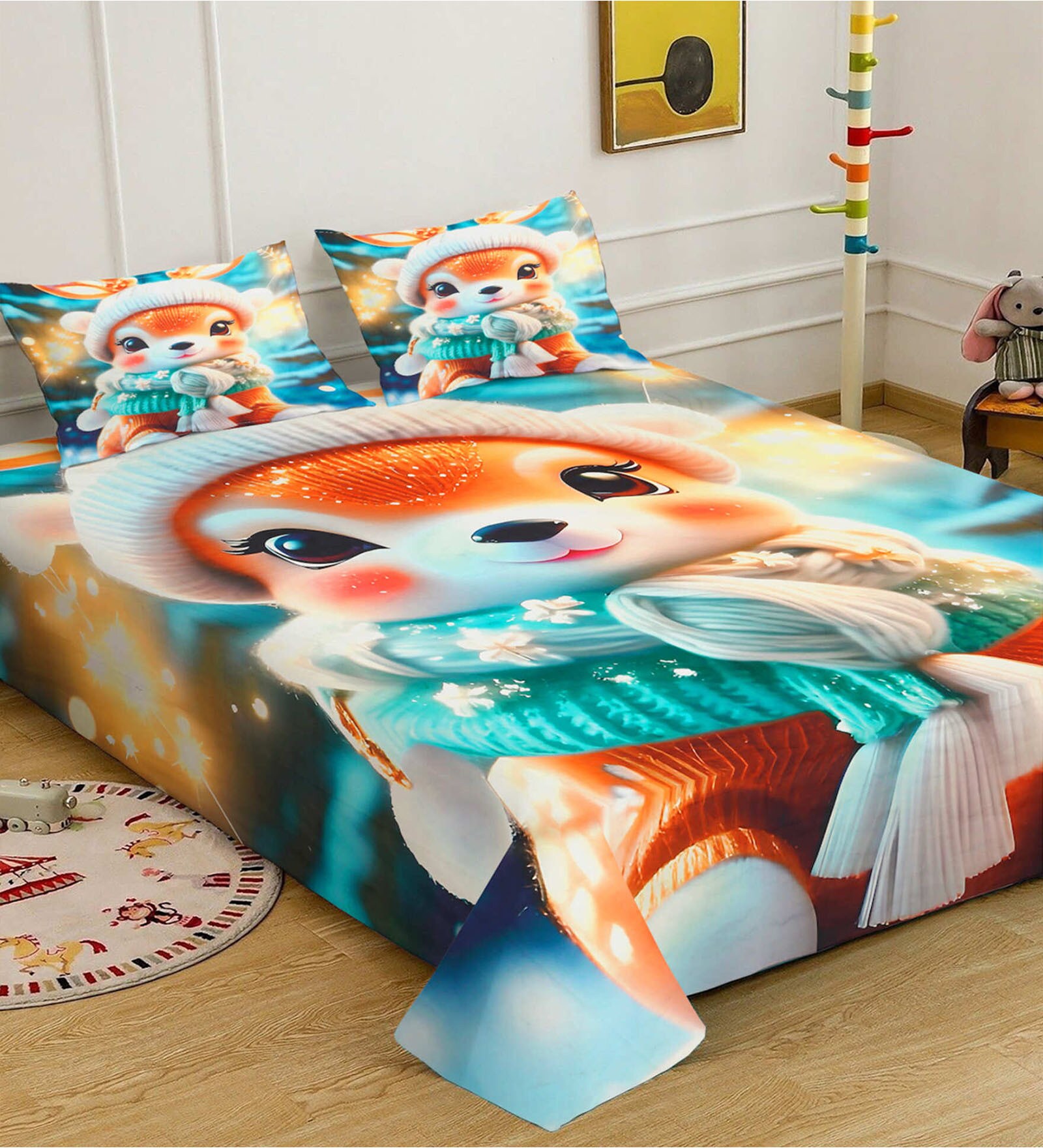 Digital Cartoon Characters Printed Cotton Blend Double Bedsheet with 2 Pillow Covers