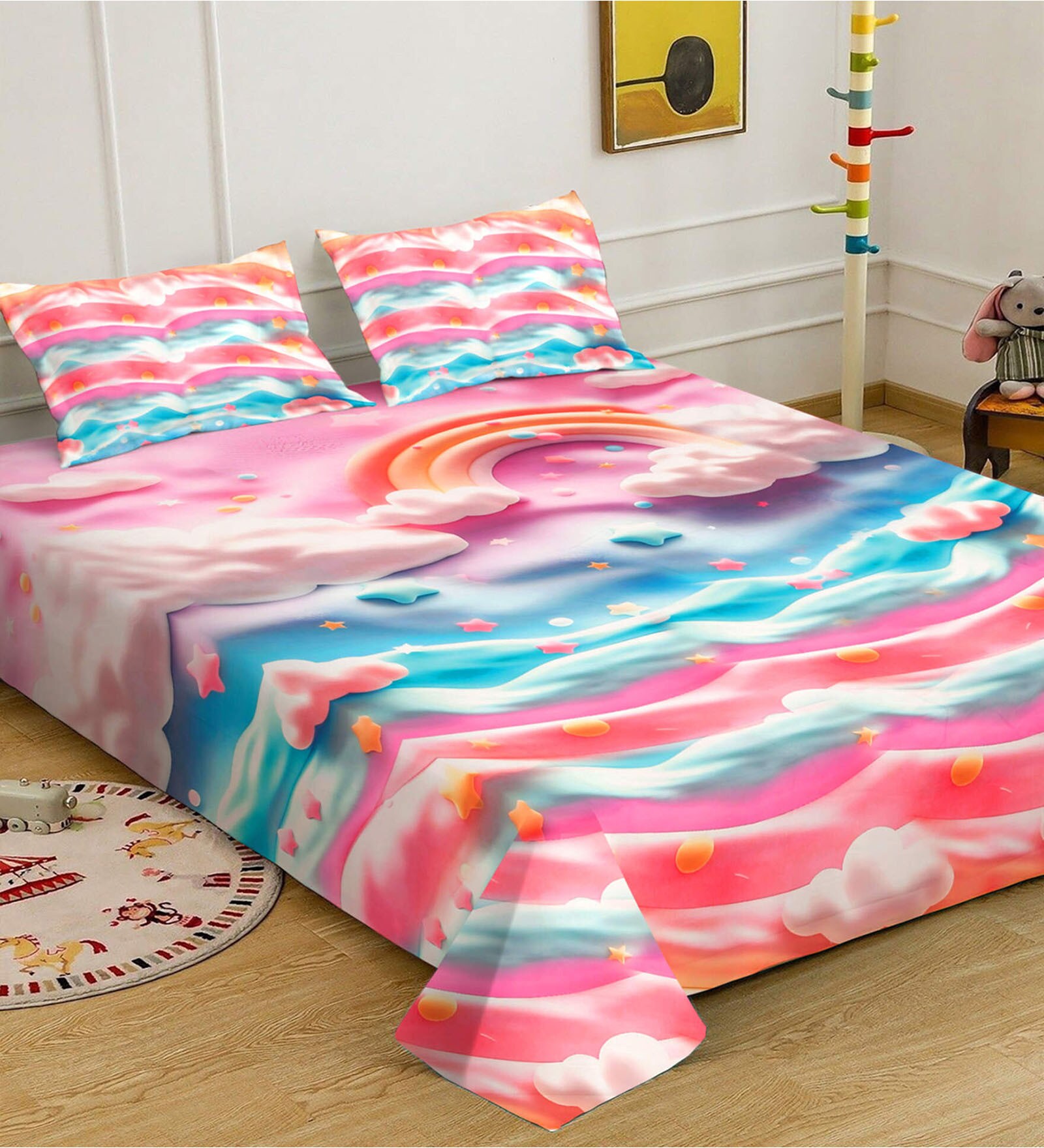 Digital Cartoon Characters Printed Cotton Blend Double Bedsheet with 2 Pillow Covers