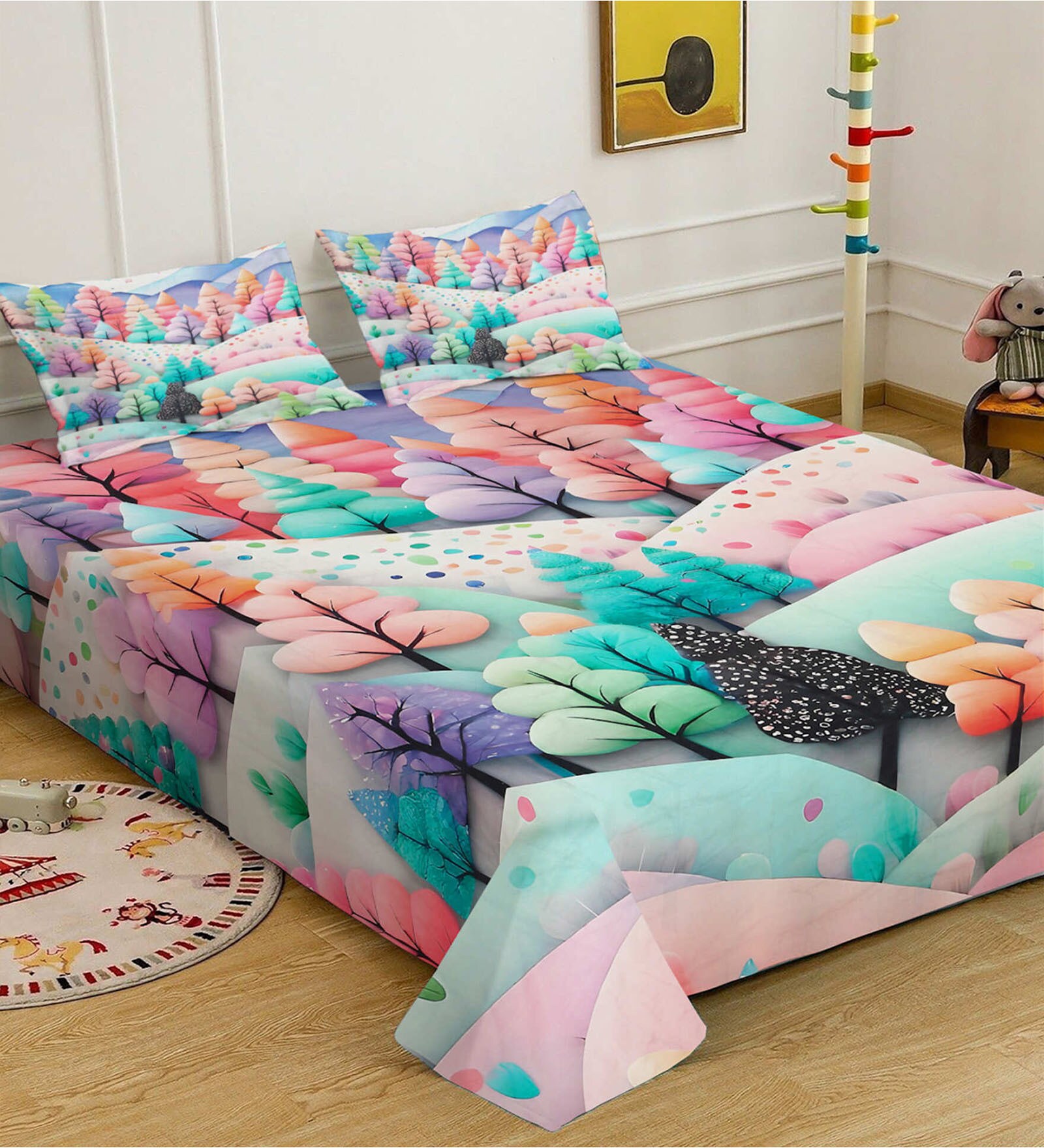 Digital Floral Printed Cotton Blend Double Bedsheet with 2 Pillow Covers