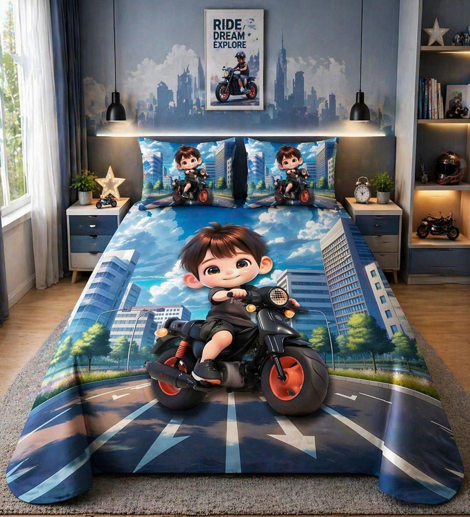 Blue 7D Digital Printed Boy On Bike Queen Size Bedsheet Sheet with 2 Matching Pillow Covers