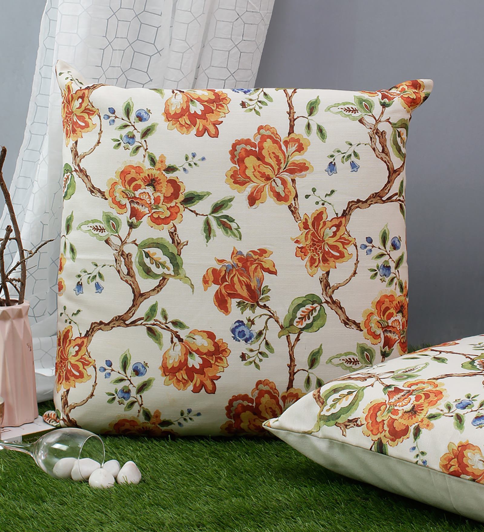 Cream & Rust Floral Polyester 24 x 24 Inches Cushion Covers (Set of 2)