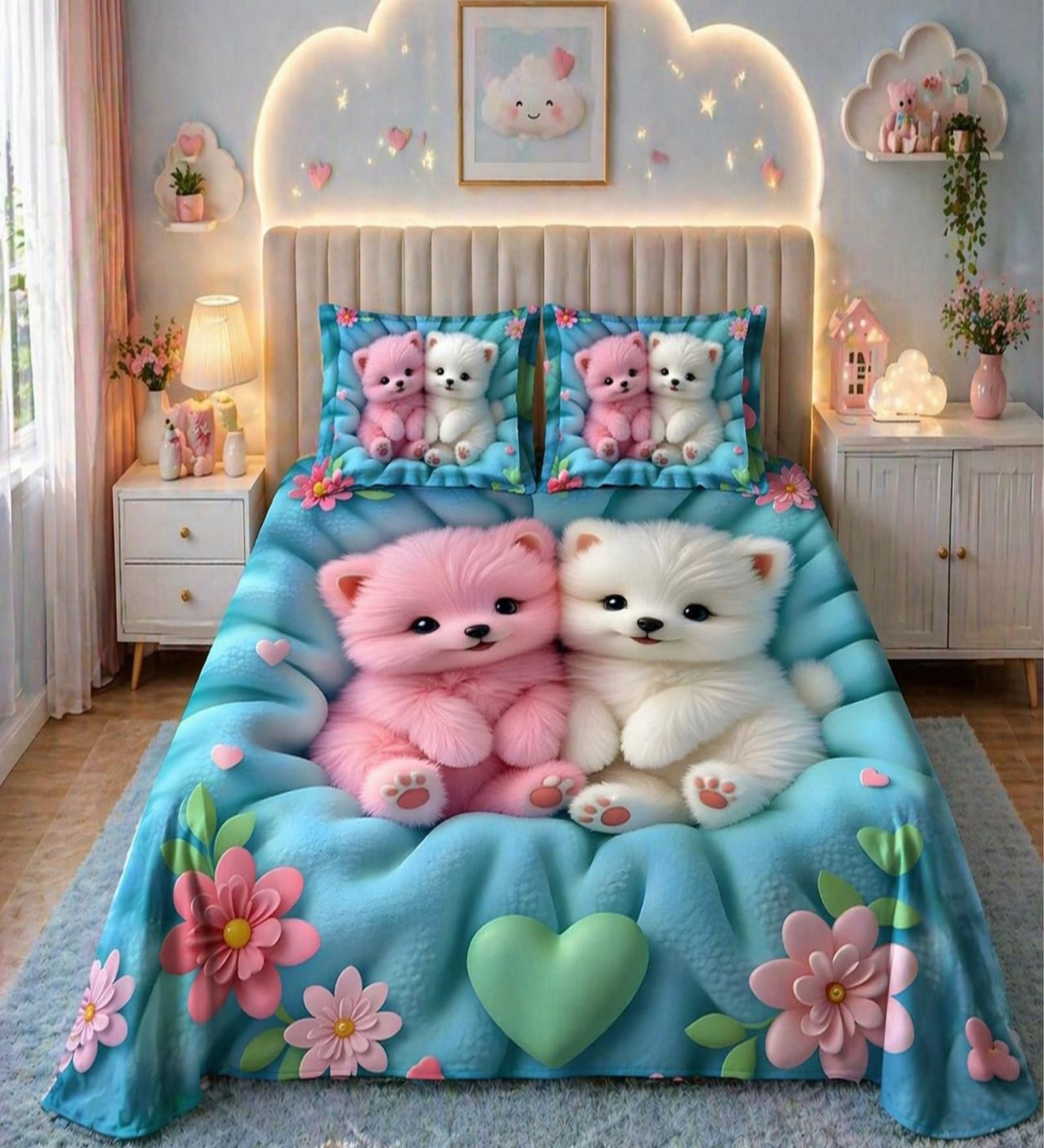 Blue 7D Digital Printed Puppy Queen Size Bedsheet Sheet with 2 Matching Pillow Covers