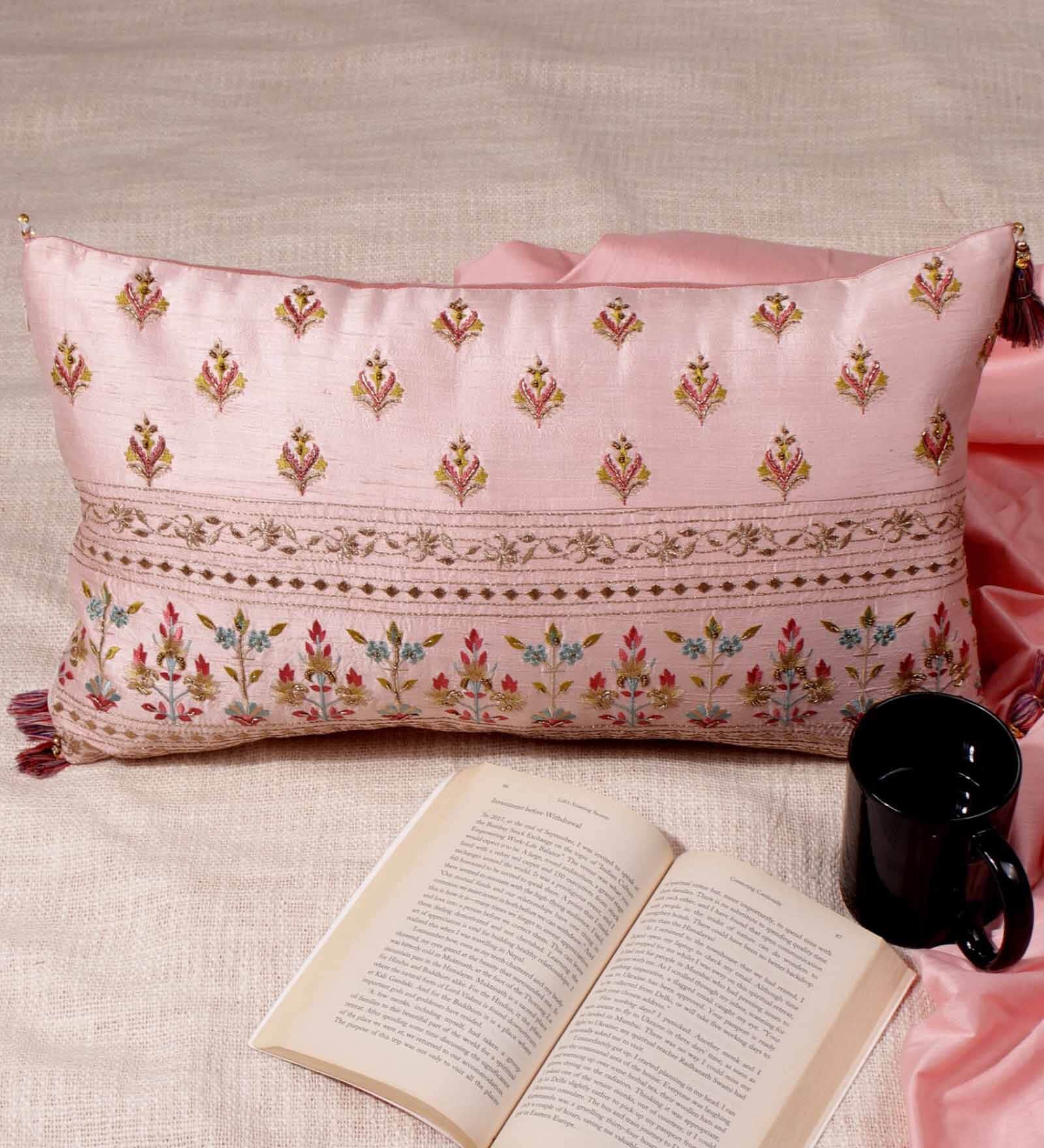 Pink Traditional Silk Fabric 18 x 12 Inches Embroidered Cushion Covers (Set of 2)