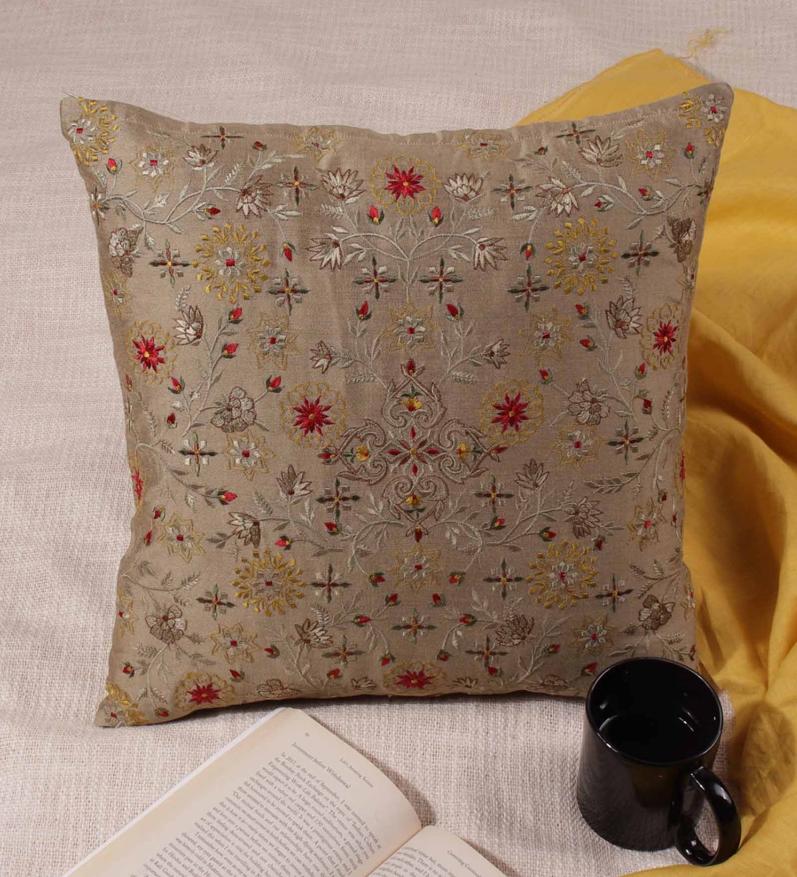 Sand Traditional Poly Staple 16 x 16 Inches Embroidered Cushion Covers (Set of 2)