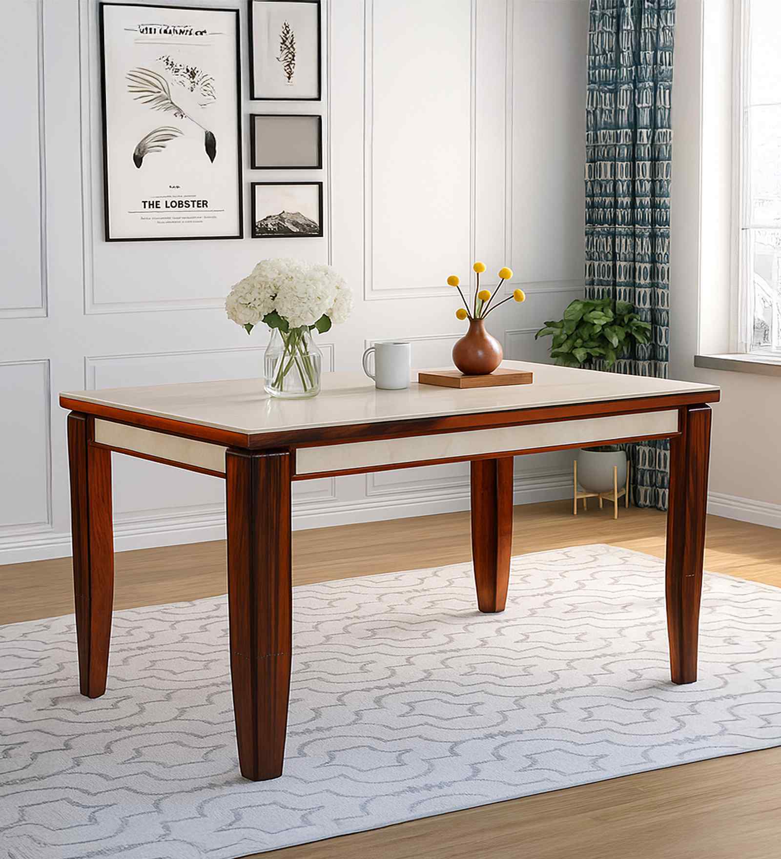 Dilux Modern Ceramic Top Rectangular 6 Seater Dining Table In Sheesham Wood Finish