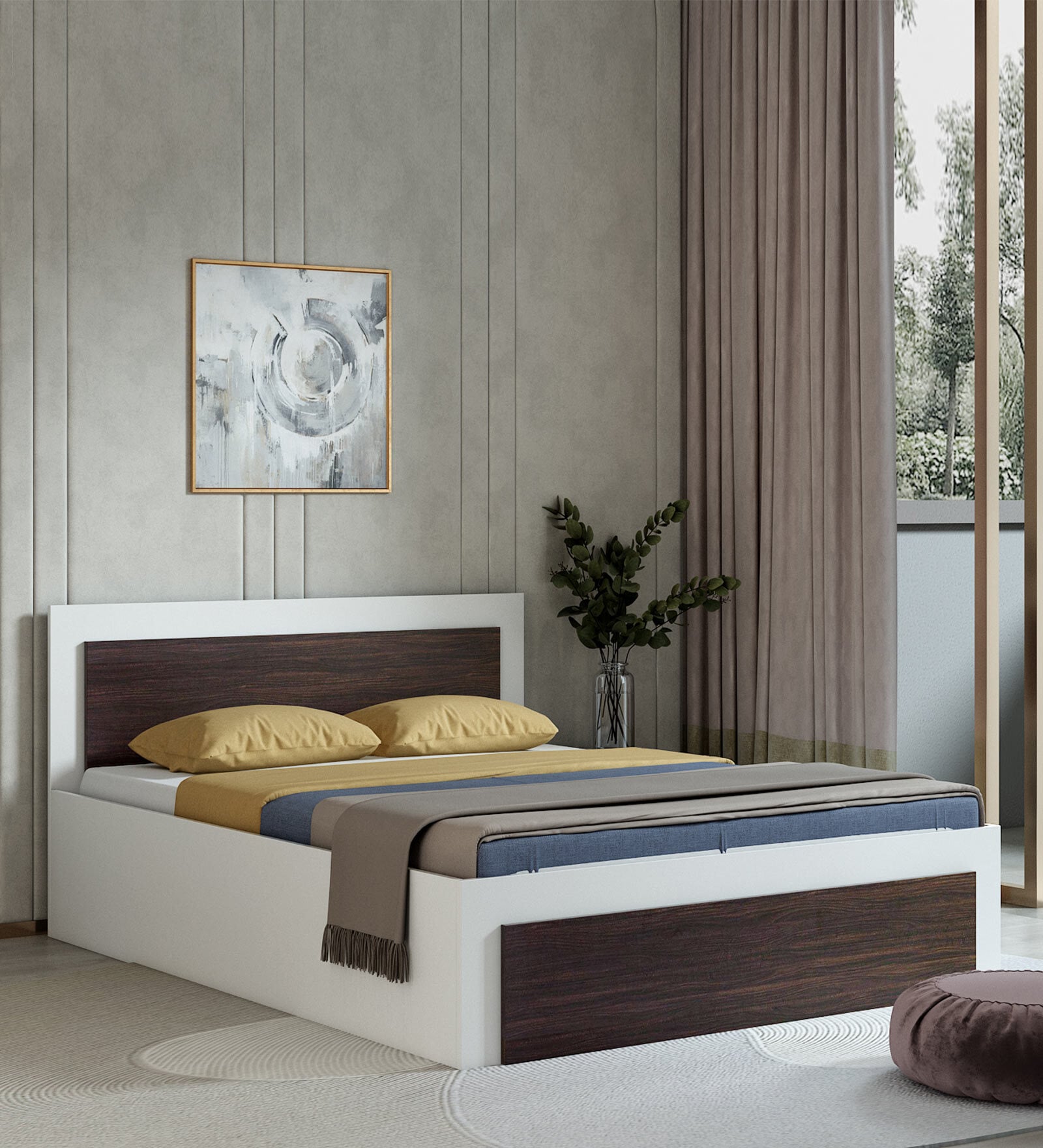 Dimora King Size Bed in Brown & White Finish with Hydraulic Storage