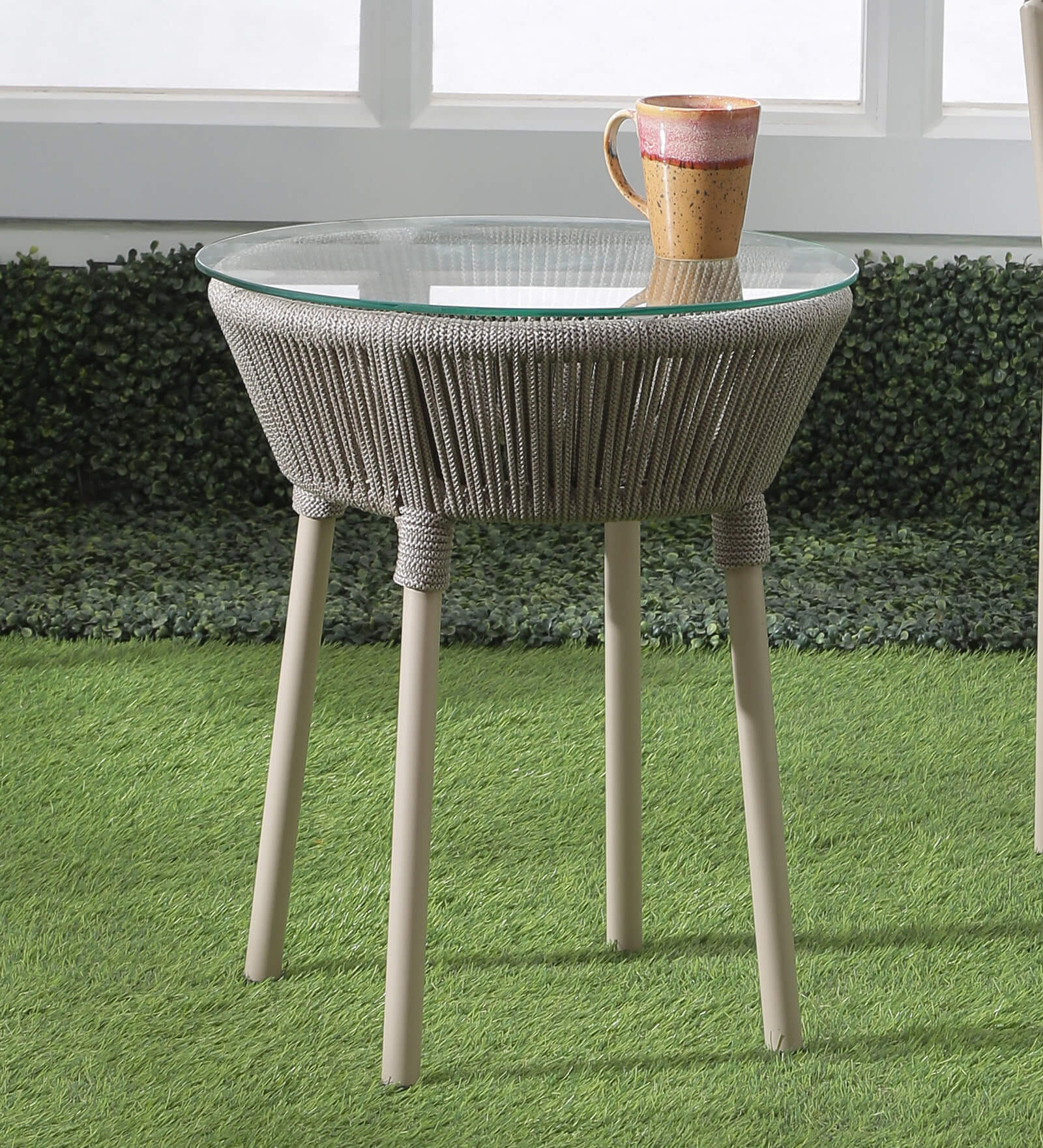 Disc Steel & Braided Rope Outdoor Table In Cream Finish