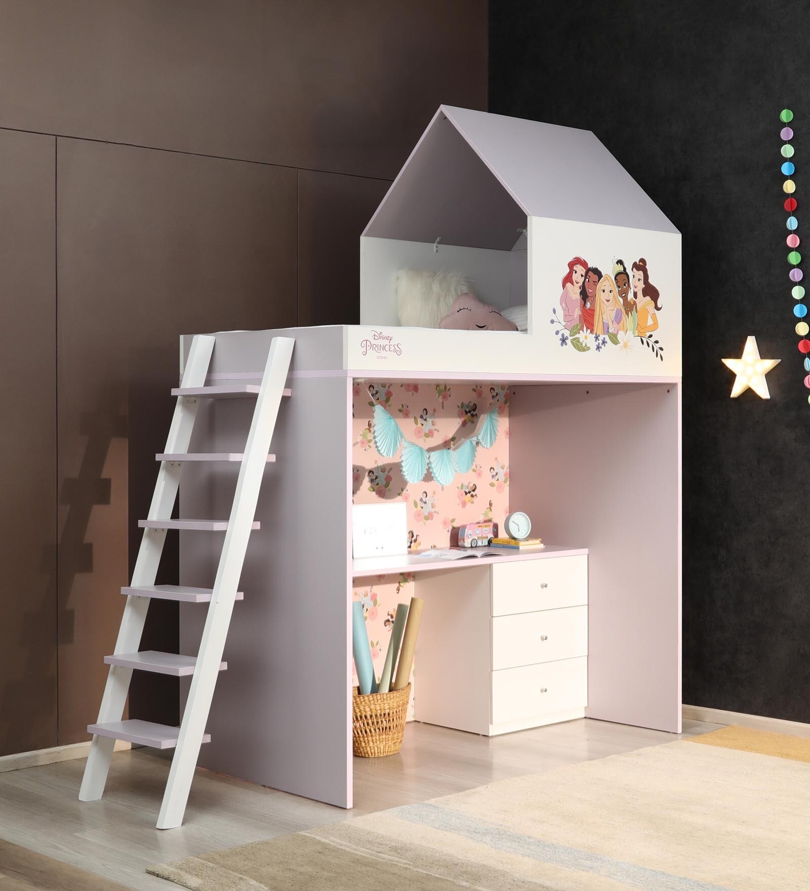Disney Princess Loft Bed with Study Space in White Finish