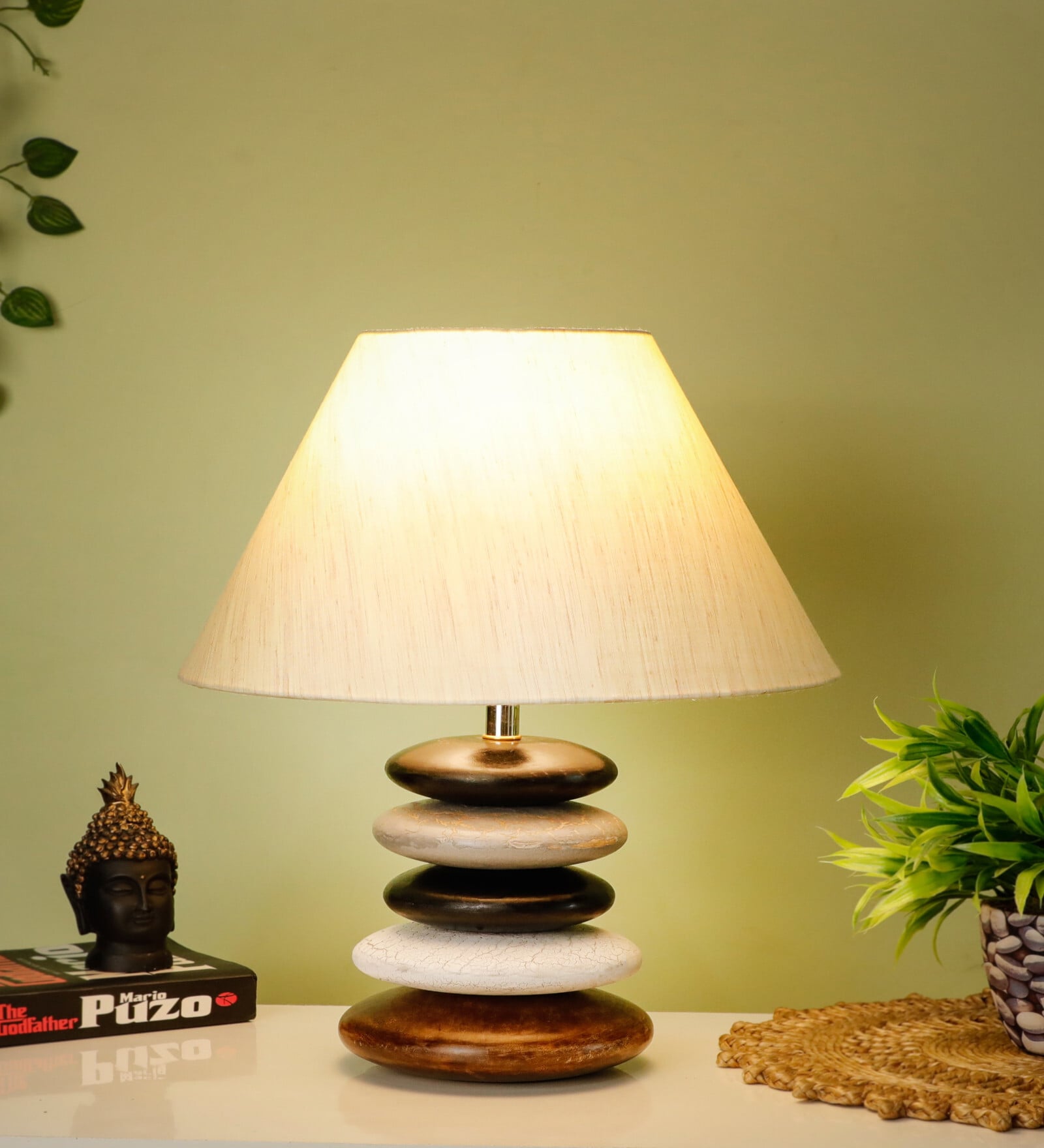 Beige Shade Multicolor Wooden Stone Handmade Antique Table Lamp