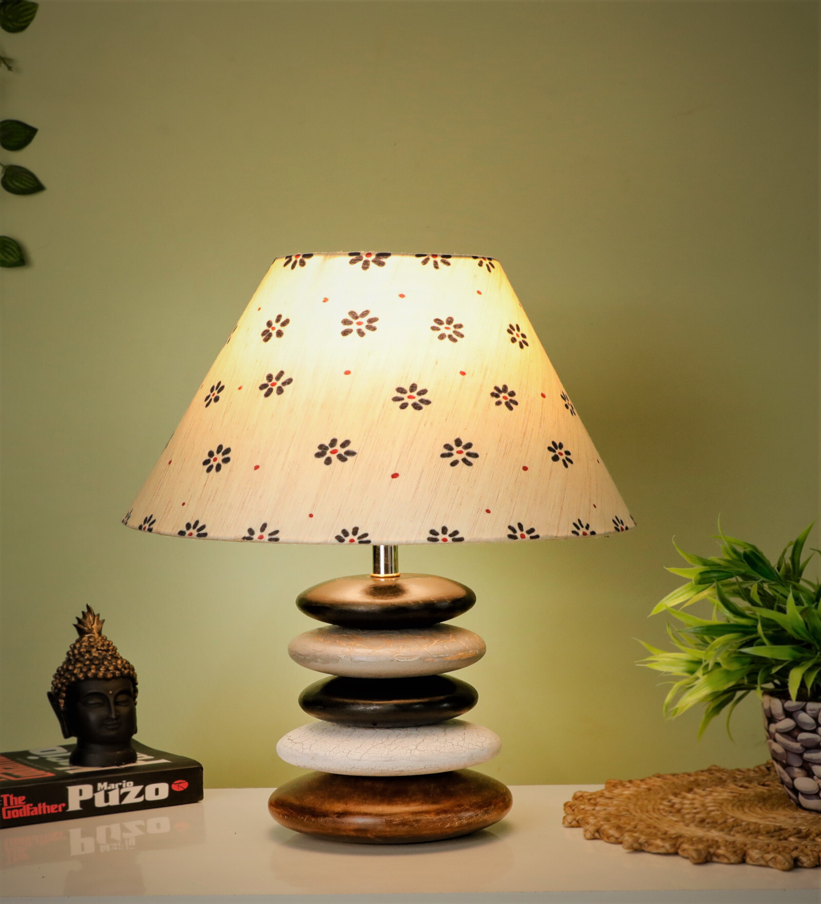 Beige Handpainted Shade Multicolor Wooden Stone Handmade Antique Table Lamp
